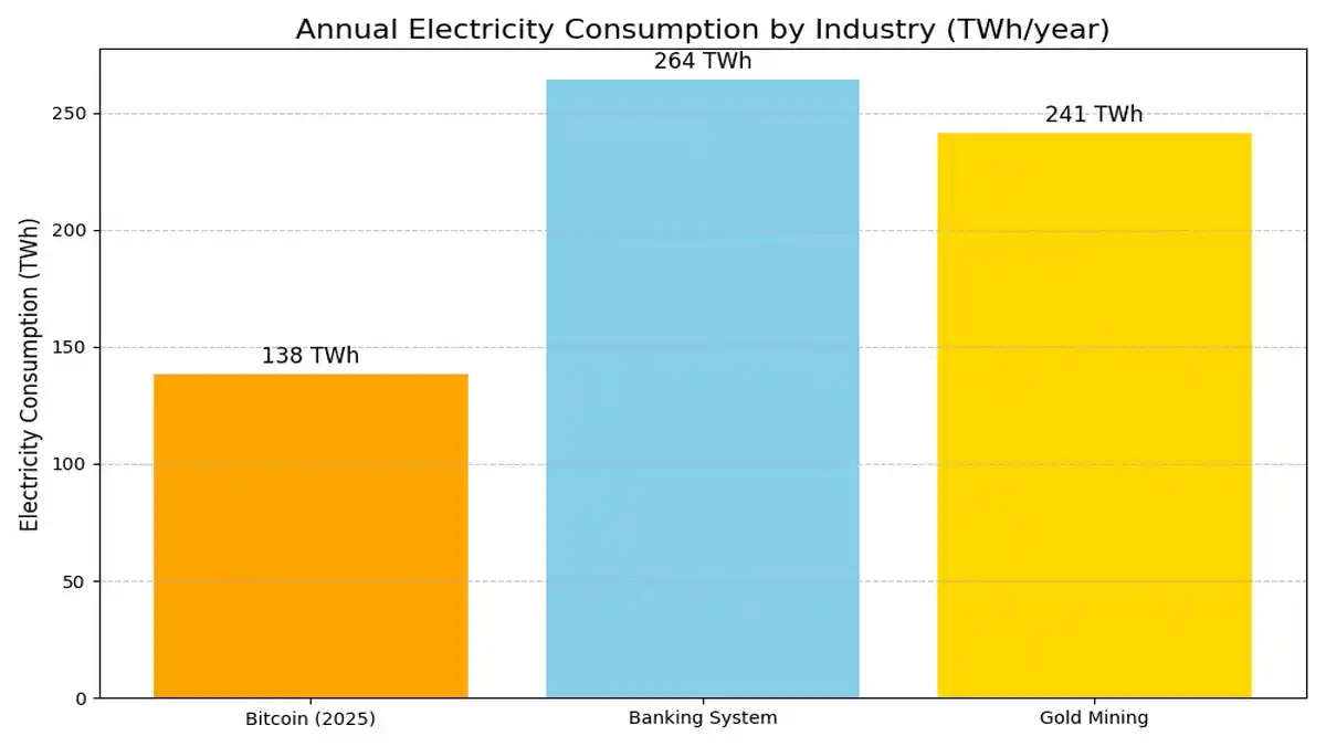 A bar chart comparing Bitcoin’s energy consumption to industries like banking, based on the Cambridge study