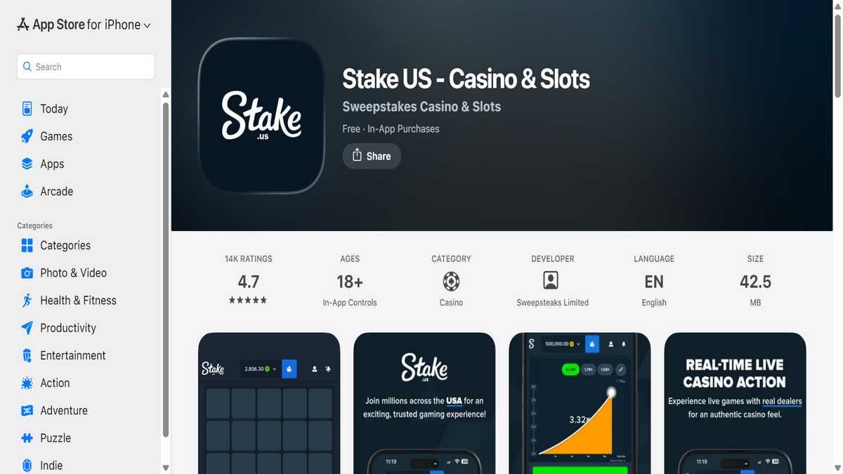 The iOS app (“Stake US - Casino & Slots”) is available on the App Store and works in the same legal states as the website.