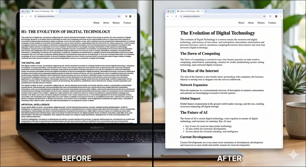 Before and after example of structured content architecture applied to improve SEO by HighSoftware99.com performance.
