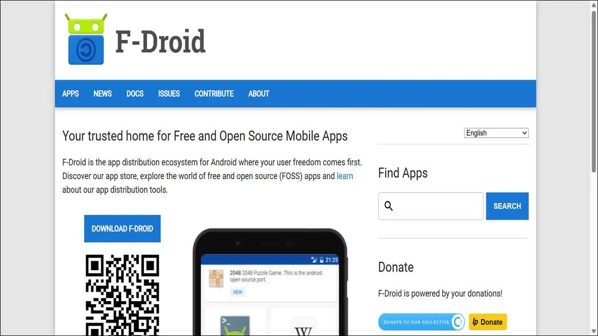 F-Droid app repository displaying open-source software with transparency badges indicating public source code availability
