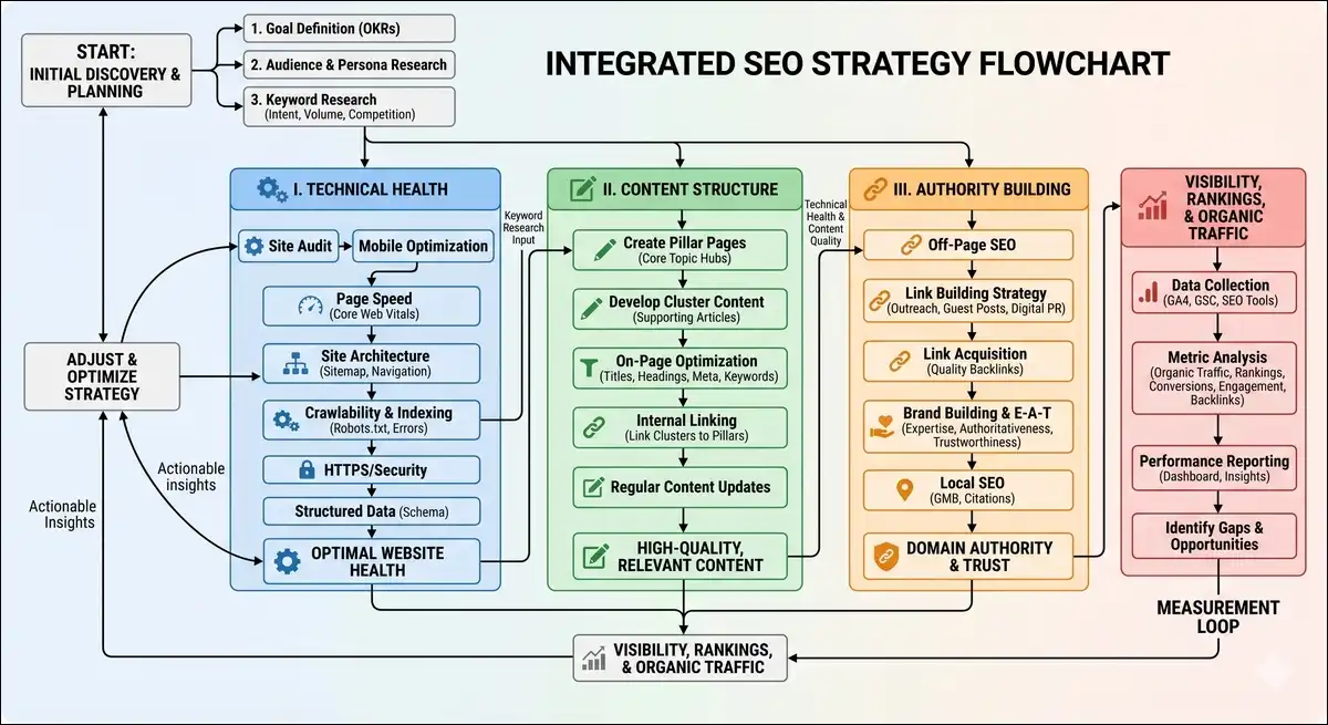 Flowchart of integrated SEO strategy showing content structure, technical health, authority building, and measurement loop.