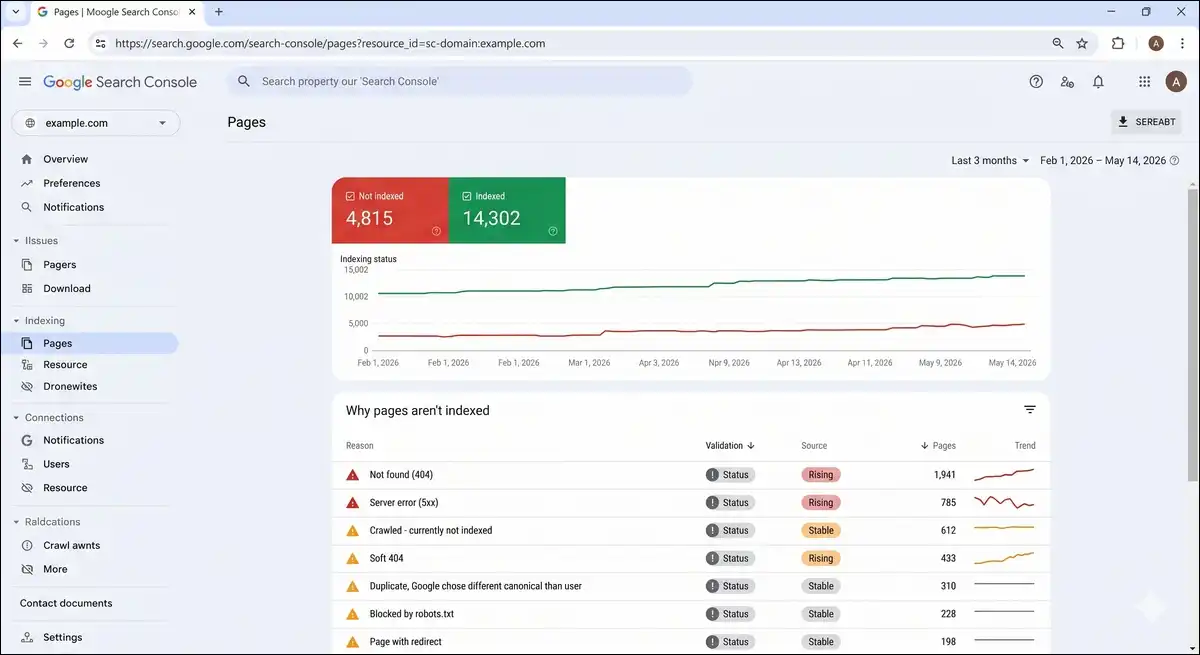 Screenshot of Google Search Console showing indexing status and crawl errors.