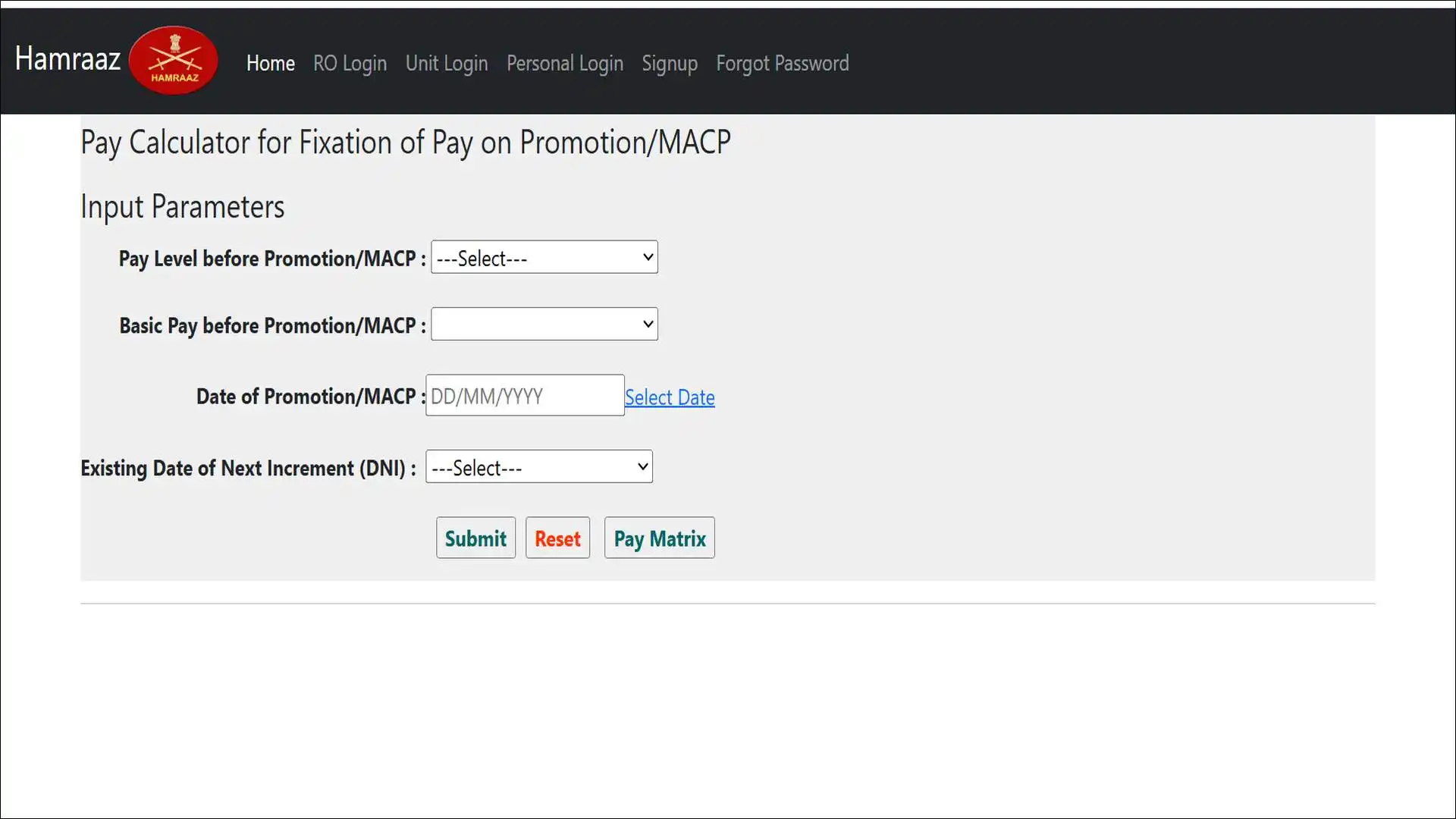 Hamraaz Web Pay Calculator interface showing Pay Level and Basic Pay input fields
