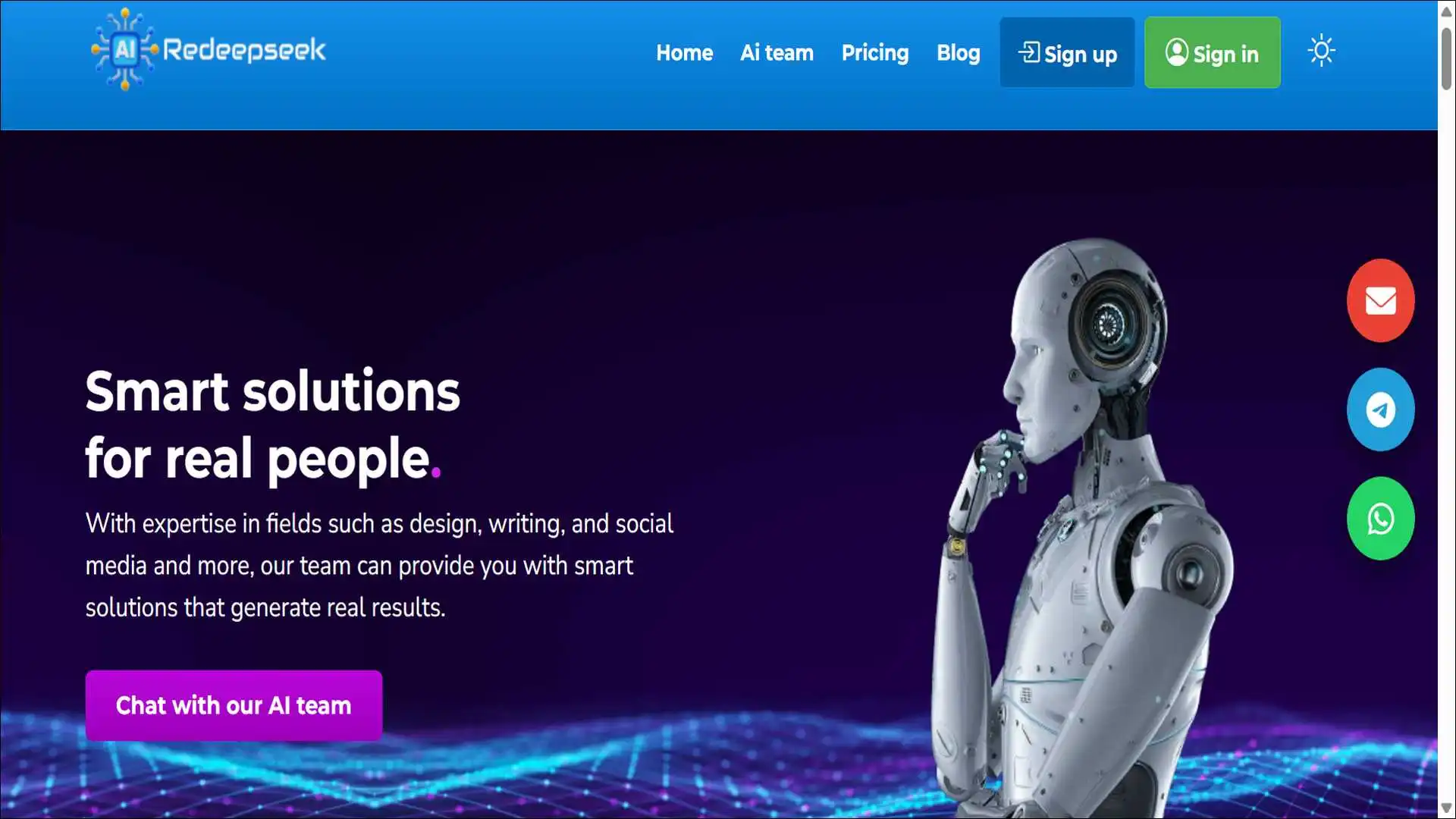 RedeepSeek com homepage interface showing AI specialist categories for SEO, design, and content creation.
