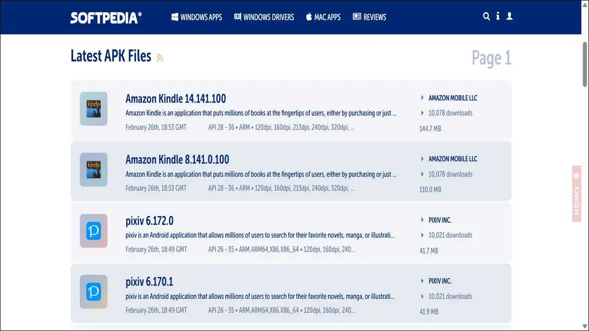 Softpedia software repository showing Android application discovery and download
