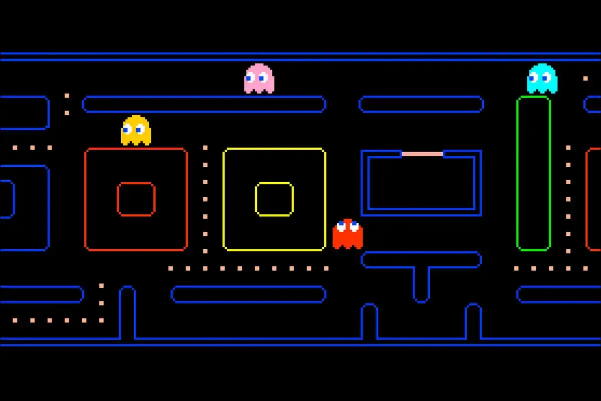 Google Pac-Man Doodle game with the maze shaped like the Google logo.