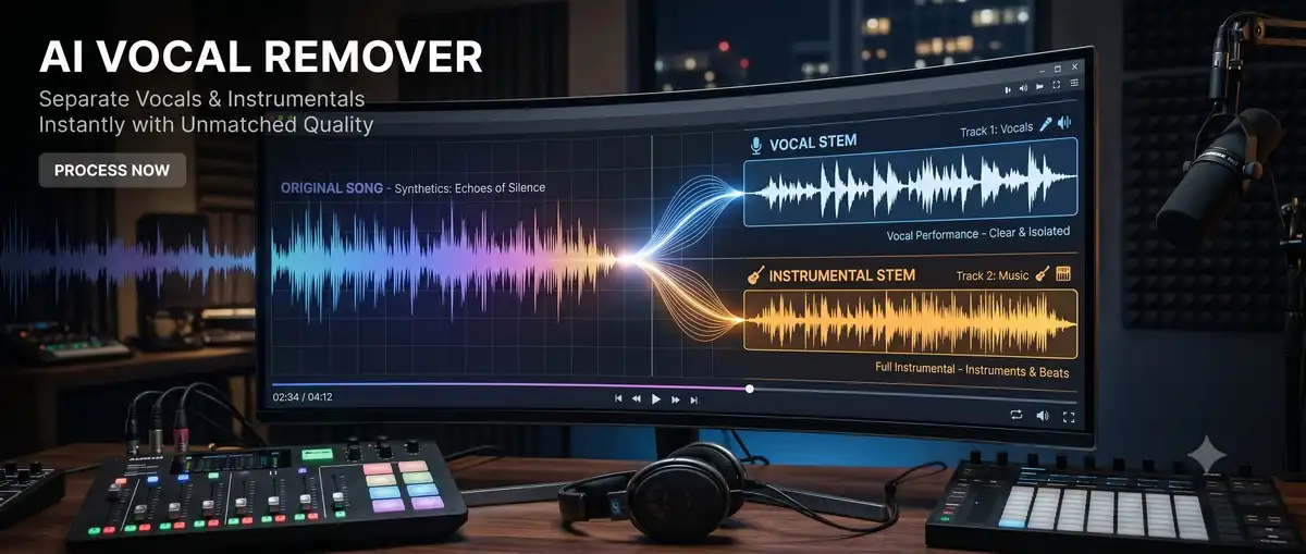 "AI vocal remover separating a song into vocal and instrumental stems