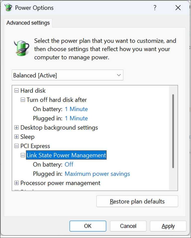 Advanced power settings window showing PCI Express Link State Power Management set to Off