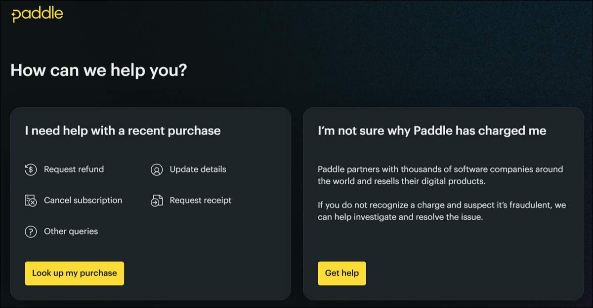  Annotated view of the paddle.net help options page with the main choices for purchase assistance and email lookup highlighted.
