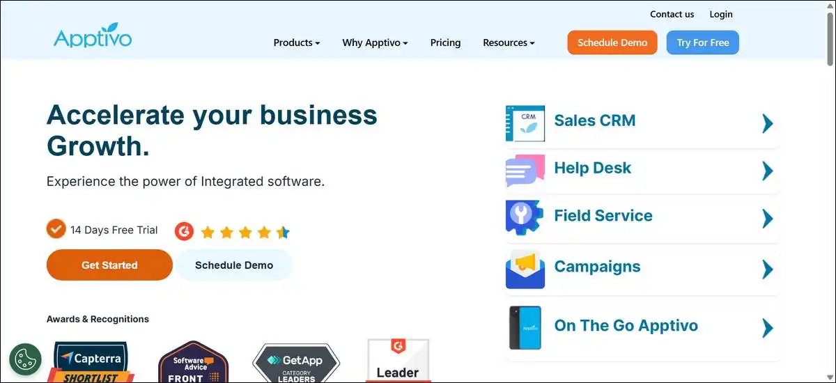 Apptivo business platform showing HR help desk, custom workflows, and task management features
