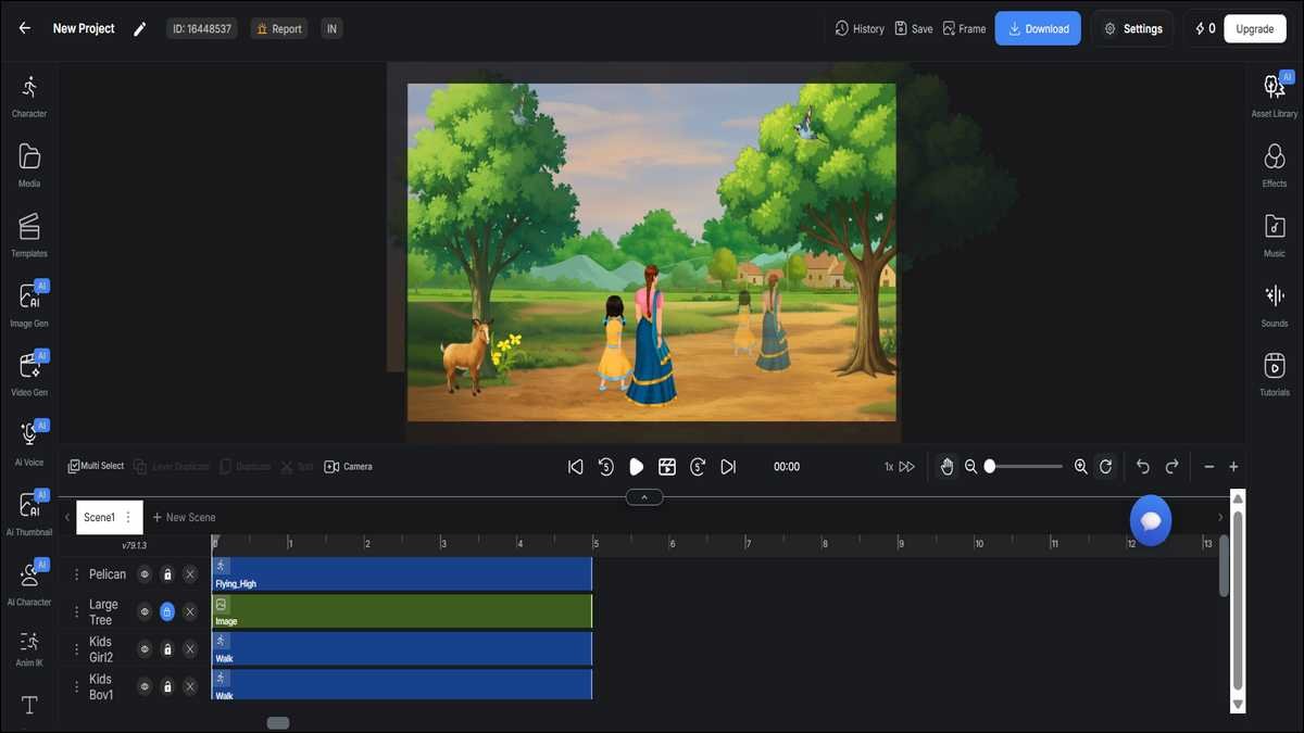 Autodraft AI editor interface showing timeline, character controls, and animation layers for a story scene.