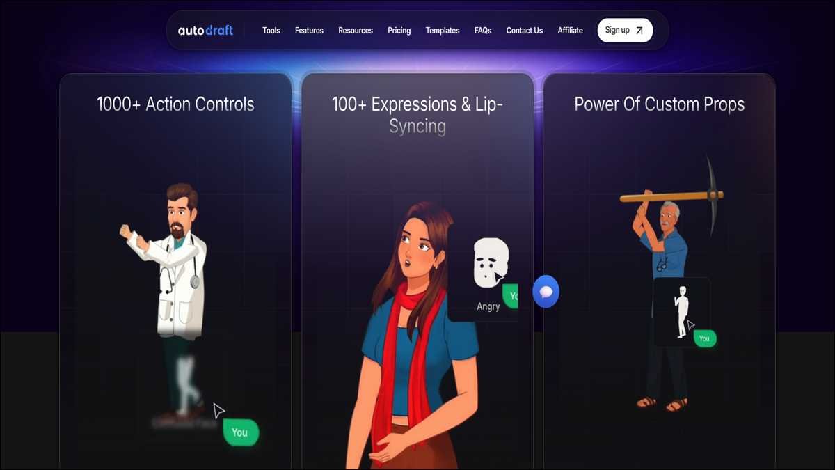 Autodraft AI homepage with examples of 2D cartoon characters and story scenes generated by the tool