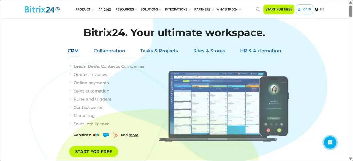 Bitrix24 free plan dashboard displaying task management, team chat, and basic employee tracking tools