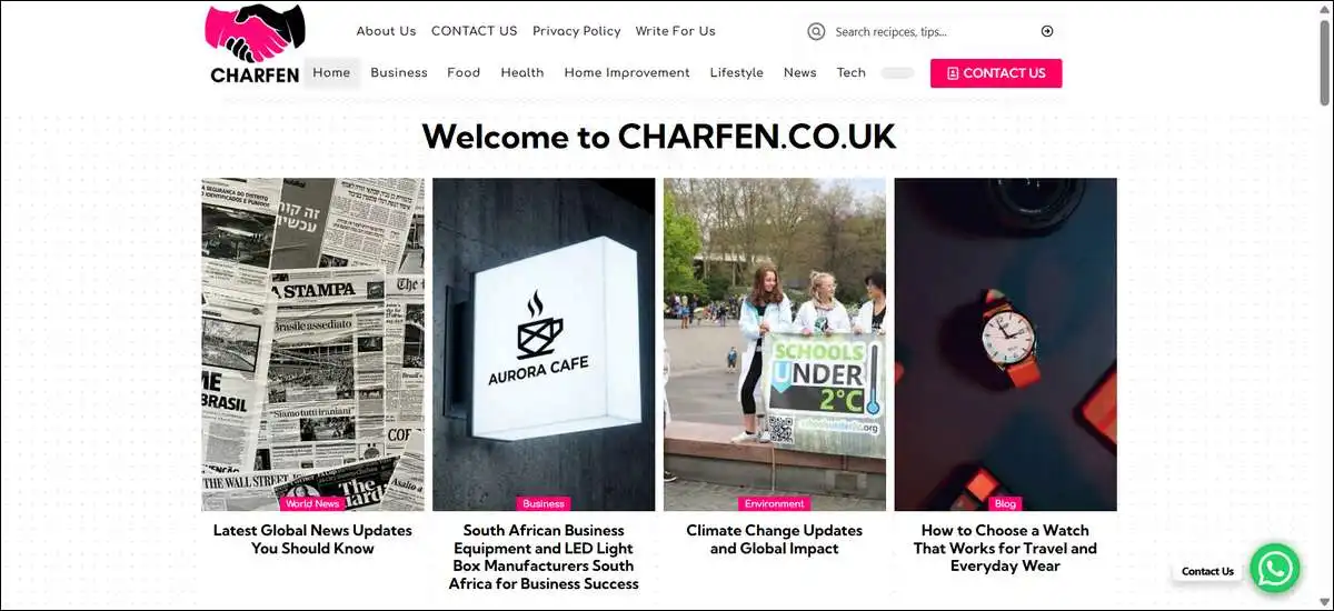 Charfen.co.uk homepage with category navigation and recent article cards as seen in June 2026.