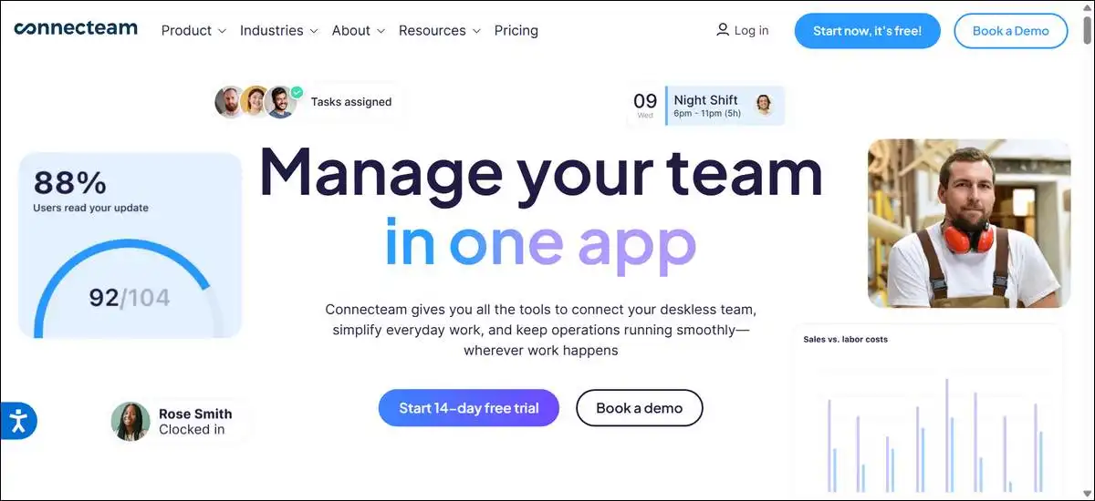 Connecteam mobile-first dashboard showing time tracking, scheduling, and digital forms for frontline teams