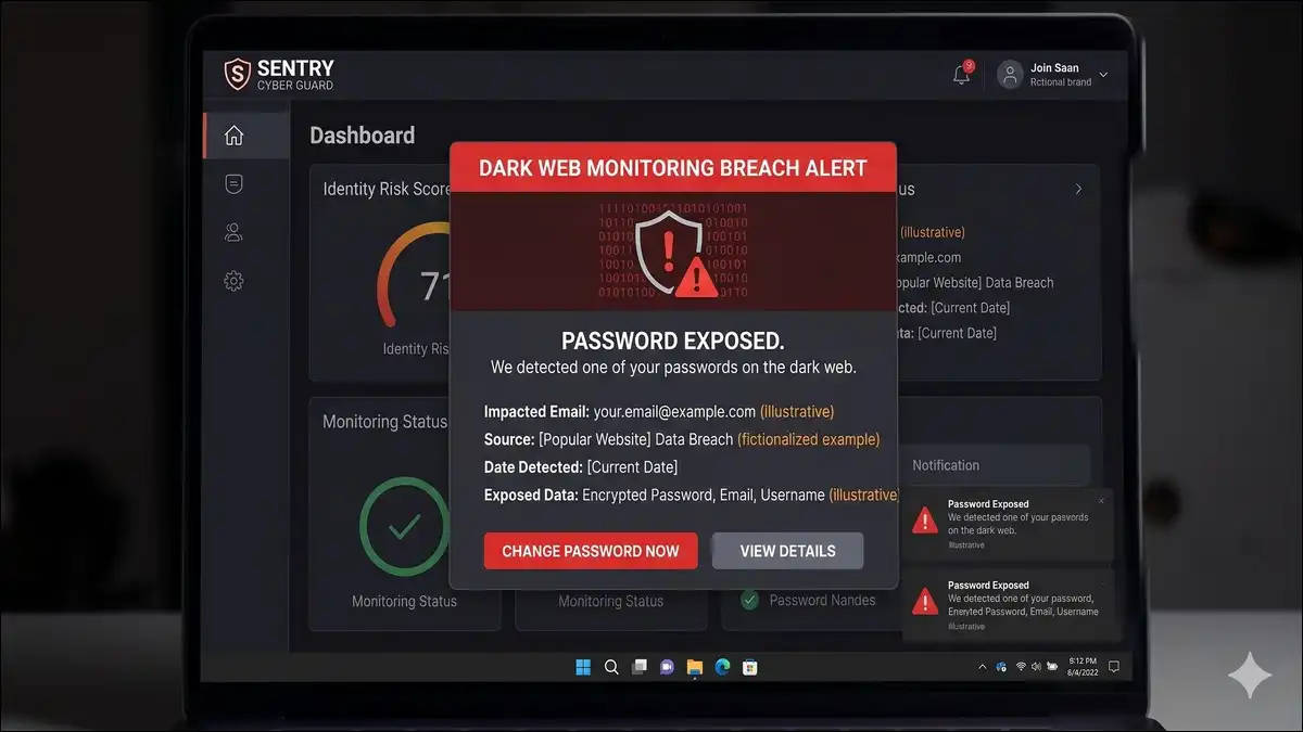 Dark web monitoring breach alert notifying a user that their password was exposed.