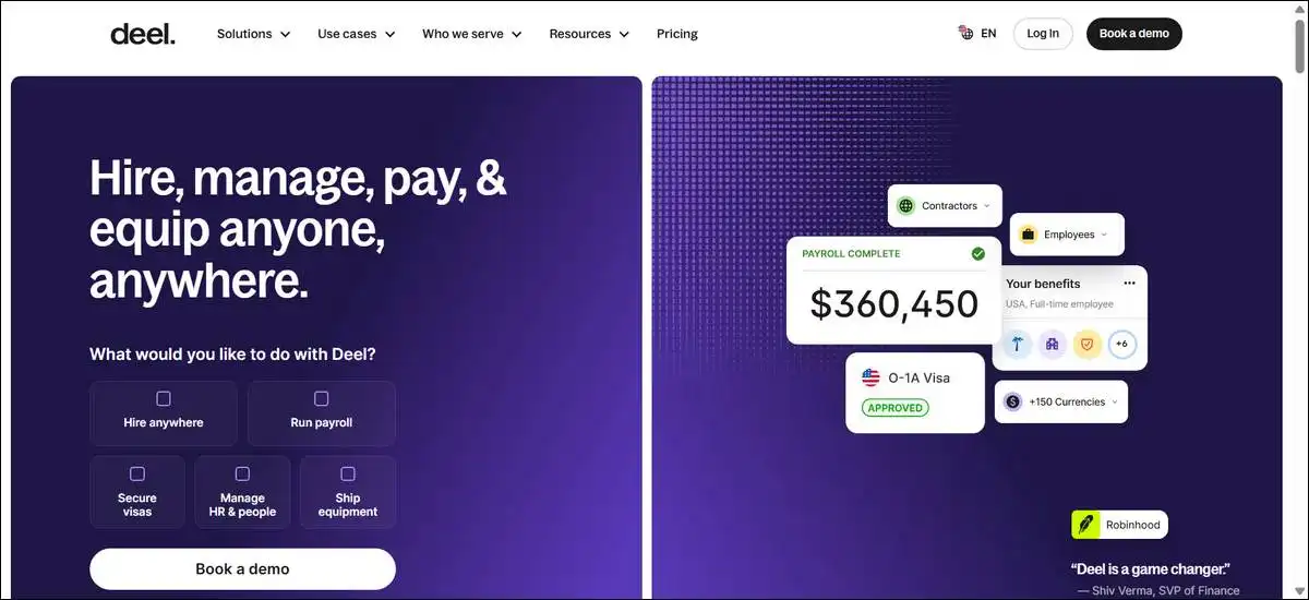 Deel global payroll and contractor platform dashboard with compliance and payment features for distributed teams