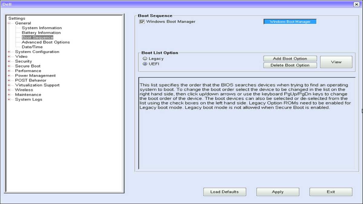 Screenshot of Dell BIOS showing Boot Mode being switched from Legacy to UEFI