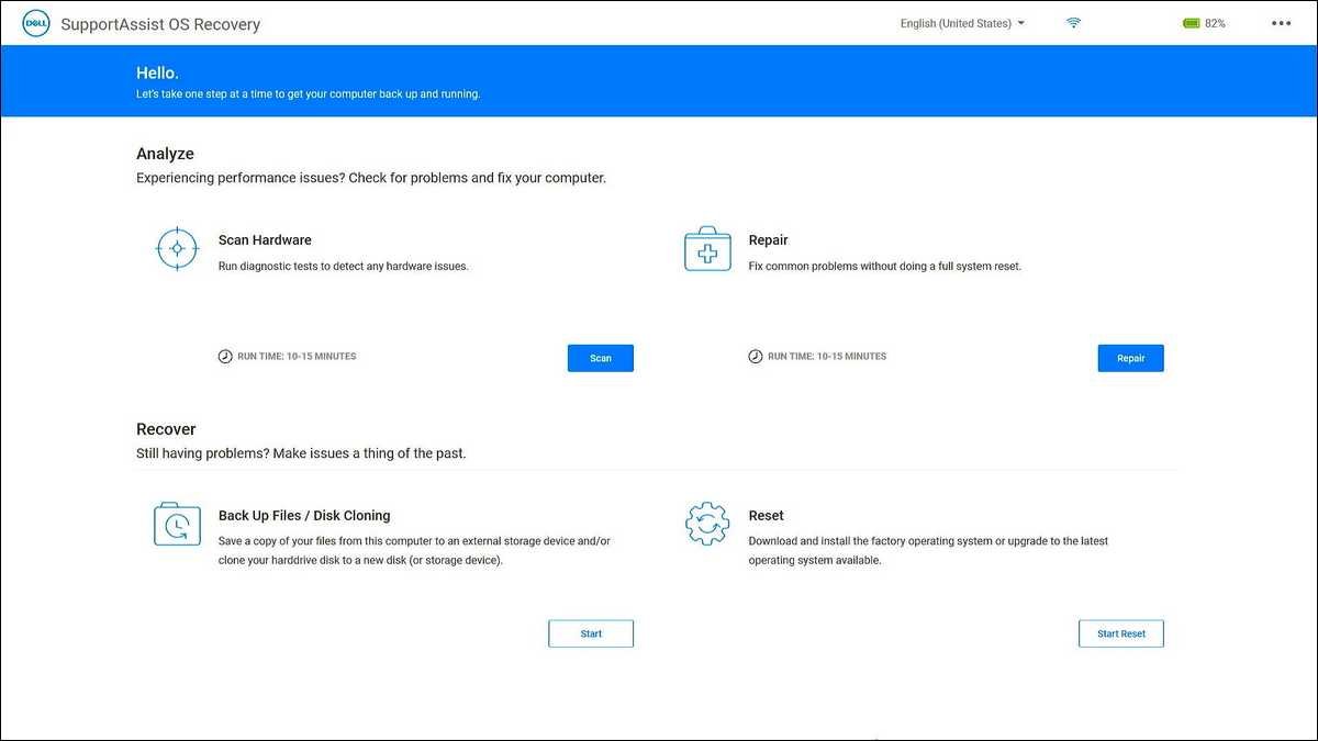 Screenshot of the Dell SupportAssist OS Recovery home screen showing the Repair Software tile