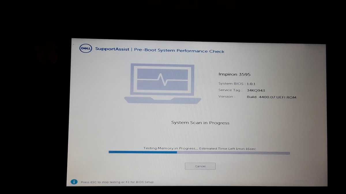 Screenshot of Dell SupportAssist pre-boot diagnostics running, showing a progress bar