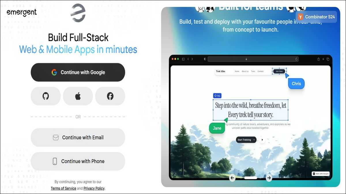 Emergent AI landing page screenshot from 2026 showing the main prompt interface for building full-stack apps with login options.