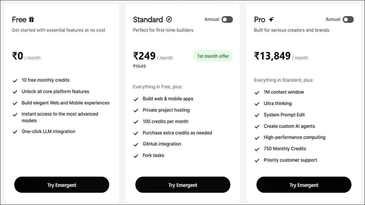Emergent AI pricing plans comparison table for 2026 showing Standard, Pro, and Team tiers with monthly costs and credit amounts.