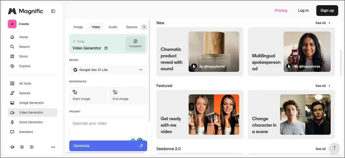 Example frame showing video generation interface with audio options.