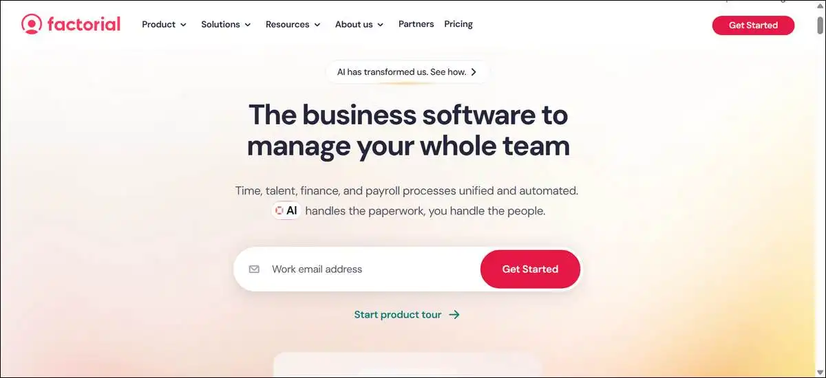 Factorial HR platform dashboard highlighting self-service portal, time-off tracking, and document management