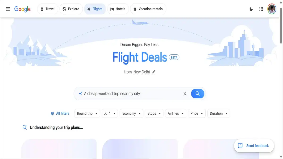 Google Flights AI Flight Deals search box showing a natural-language prompt for a cheap weekend trip.