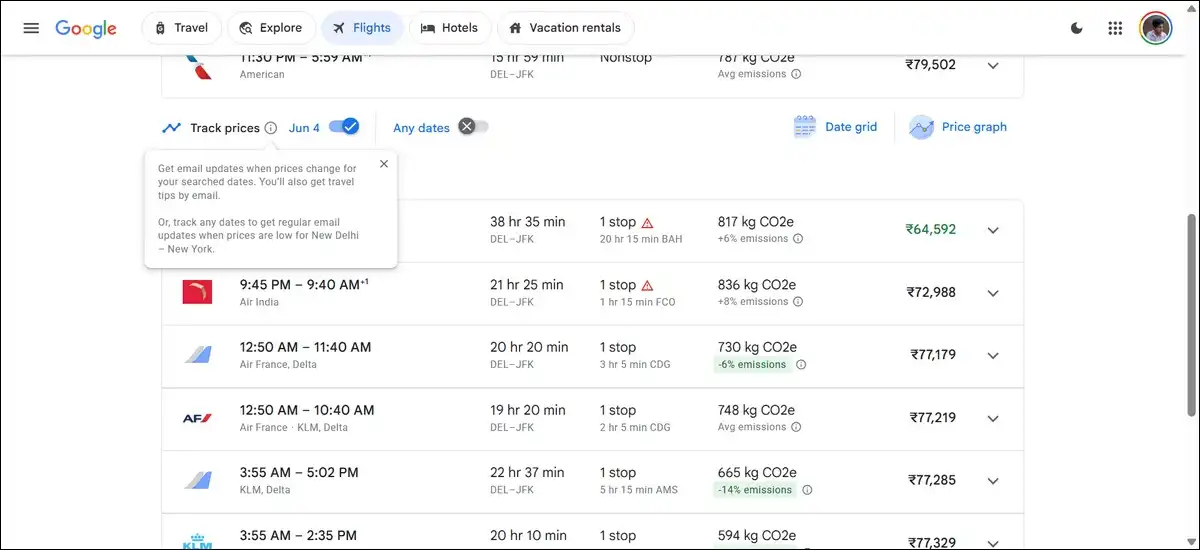 Google Flights price calendar grid with cheapest dates in green and the track prices toggle switched on.