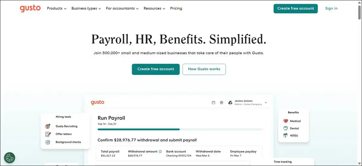 Gusto payroll and HR platform showing clean onboarding screen and automated tax filing features for small businesses