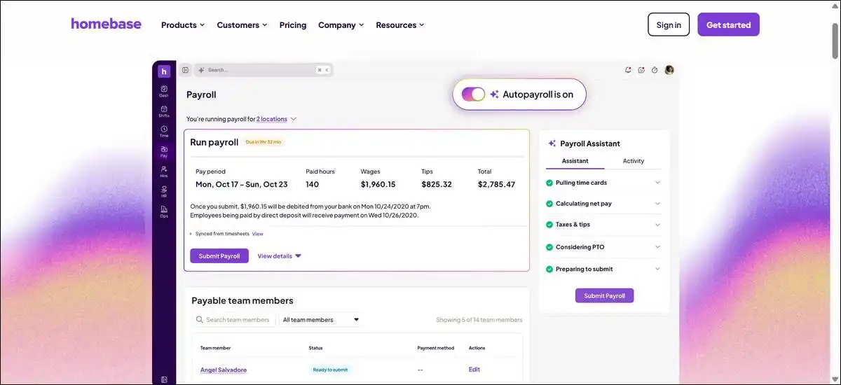 Homebase free plan interface showing employee scheduling, time clock, and team messaging features for hourly workers"