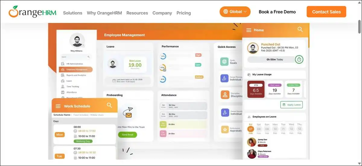 OrangeHRM free starter version interface showing employee management, leave tracking, and performance review features