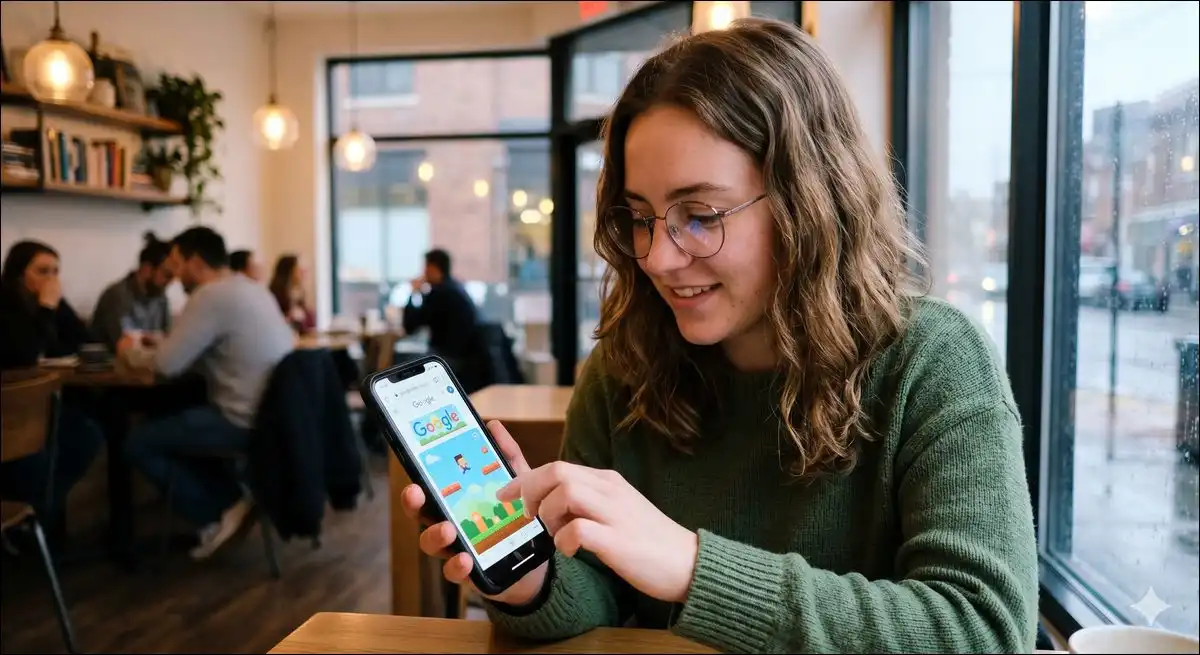 Person playing a Google Doodle game on a smartphone browser.