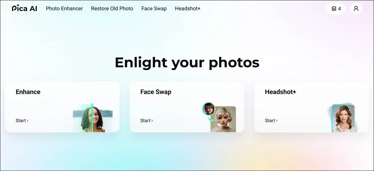 Pica AI simple interface with enhance button and face swap upload options.