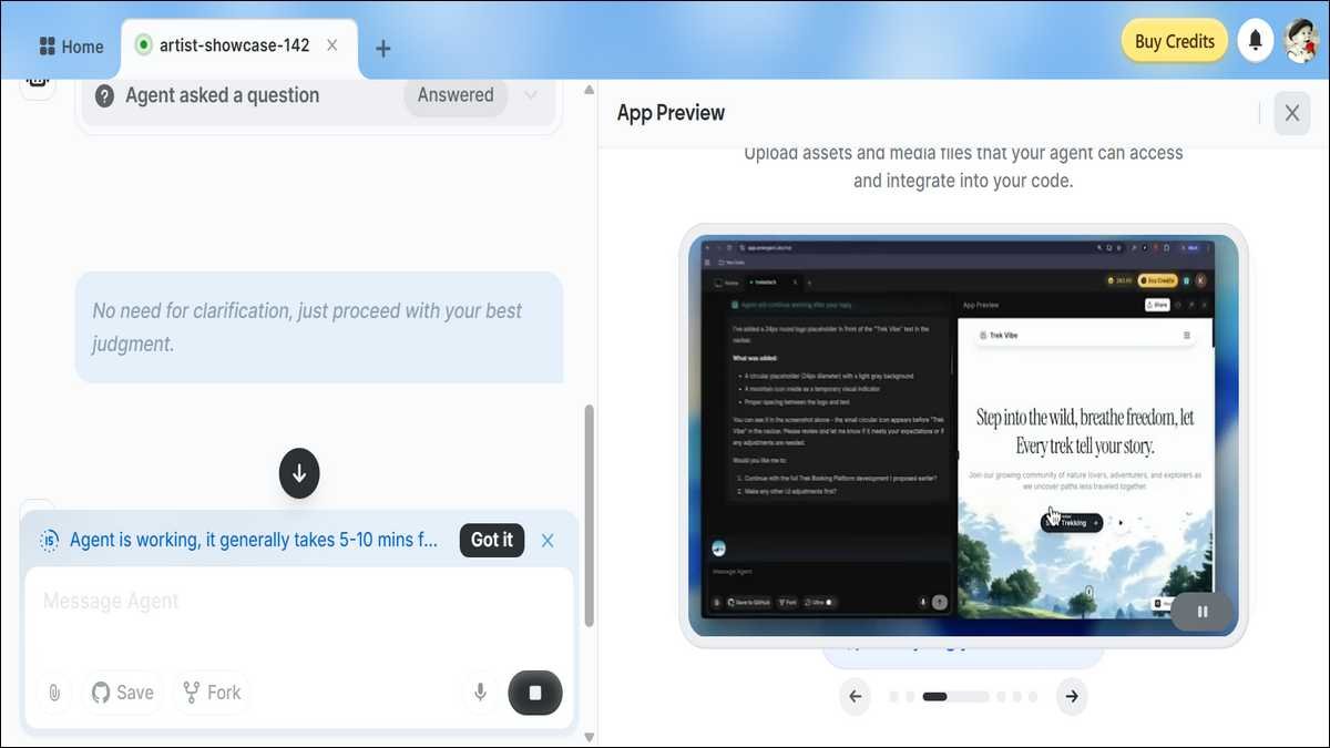 Screenshot of Emergent AI chat interface showing a user prompt, agent responses during build, code generation steps, and live app preview.