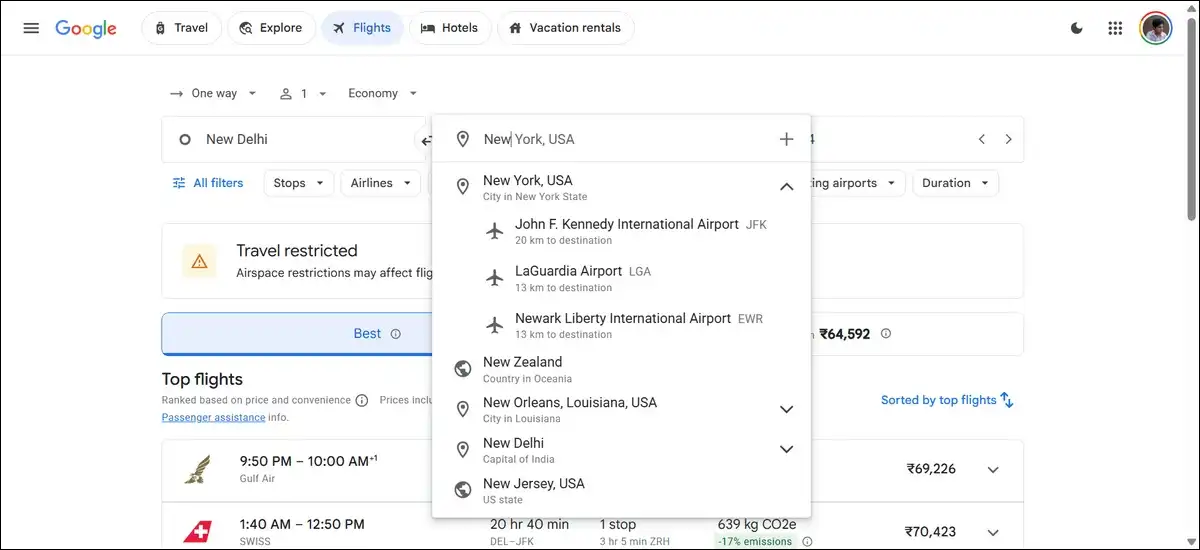 Google Flights multi-city search showing an open-jaw itinerary into one European city and out of another.