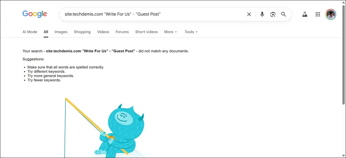 Screenshot showing a query that returned zero results using Google Operators