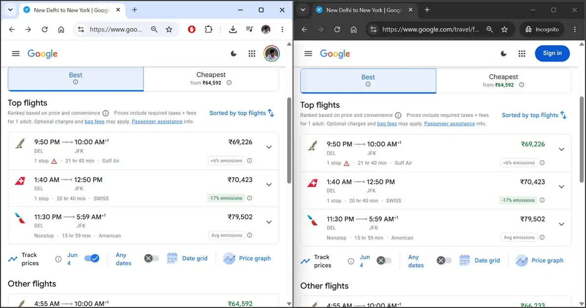 Side-by-side comparison of an identical flight fare in a normal browser window and an incognito window on Google Flights.