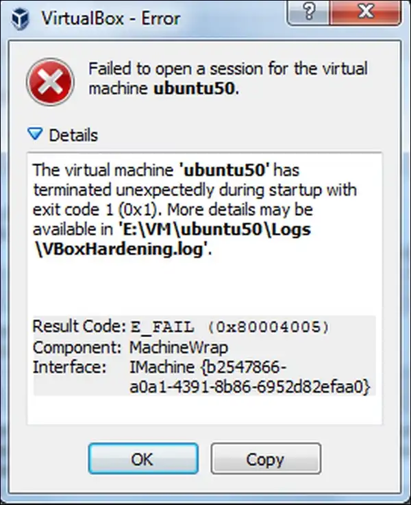 VirtualBox E_FAIL 0x80004005 error when starting a virtual machine on Windows 11