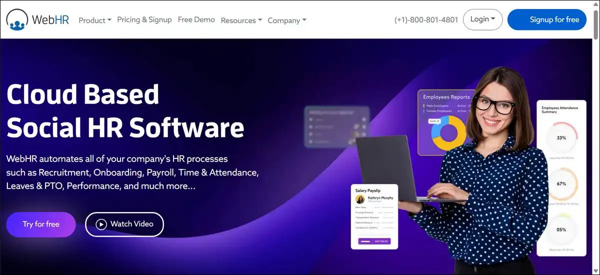 WebHR affordable HR software interface with employee management, leave tracking, and file storage features