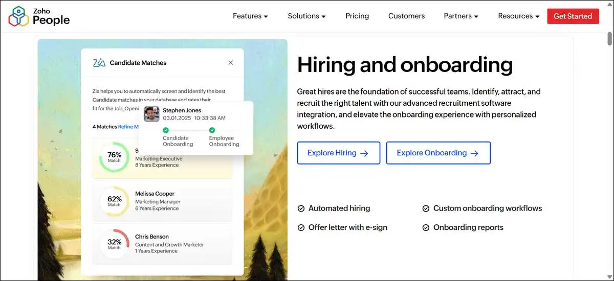 Zoho People free plan dashboard displaying employee database, leave tracking, and self-service portal for teams of up to 5 users