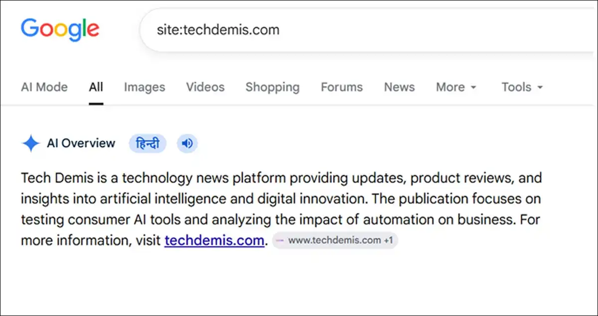 Here's an example that shows how site techdemis.com brings this AI overview